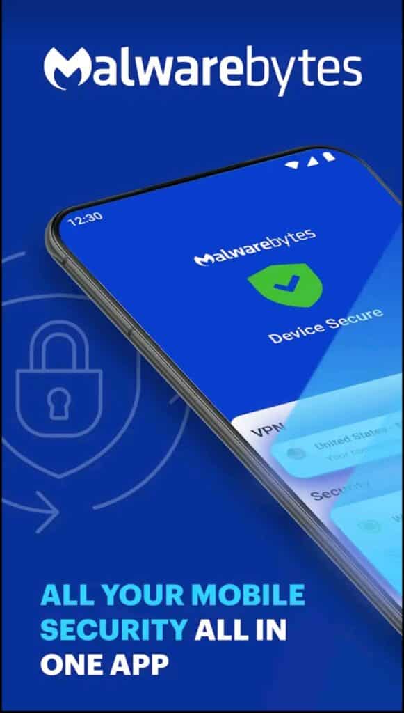 Screenshot of Malwarebytes in Google Play Store: "All Your Mobile Security All in One App"