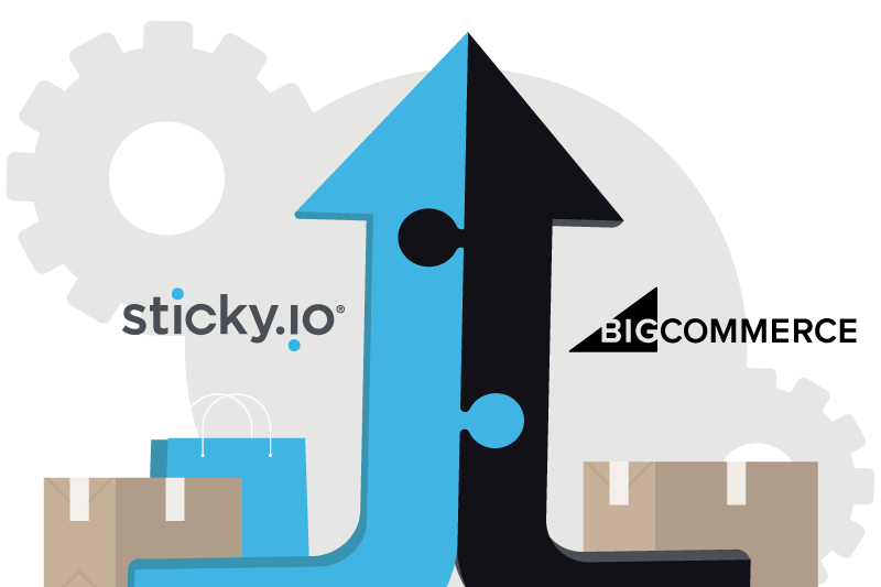 Vector image displaying the logos of sticky.io and BigCommerce who have formed a new partnership.